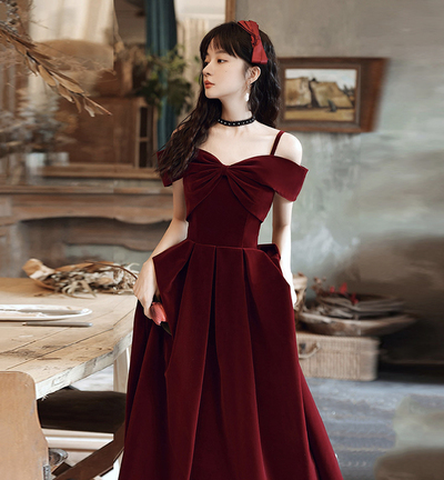 Cute A line velvet prom dress burgundy evening dress,648