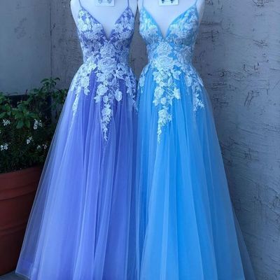 Glamorous a line spaghetti straps blue long prom/evening dress appliques,649 - Thumbnail 4