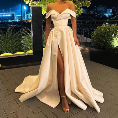 Gorgeous a line off the shoulder white long prom/wedding dress with split front,650 - Thumbnail 3
