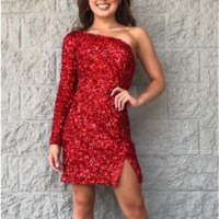 Sequin One Shoulder Red Homecoming Dress,653 - Thumbnail 2
