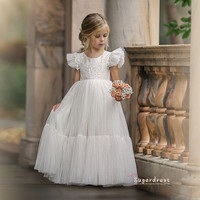 Ruched Sleeves Flower Girl Dress with Lace,657 - Thumbnail 1