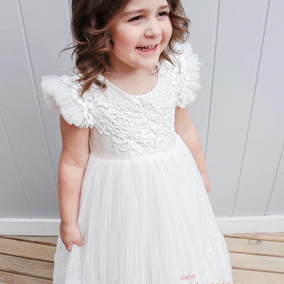 Ruched sleeves flower girl dress with lace,657