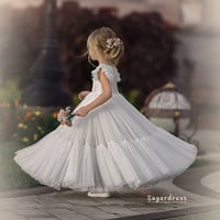 Ruched Sleeves Flower Girl Dress with Lace,657 - Thumbnail 2