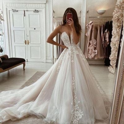 Luxury ball gown v neck white & pink wedding dresses with appliques,658 - Thumbnail 3