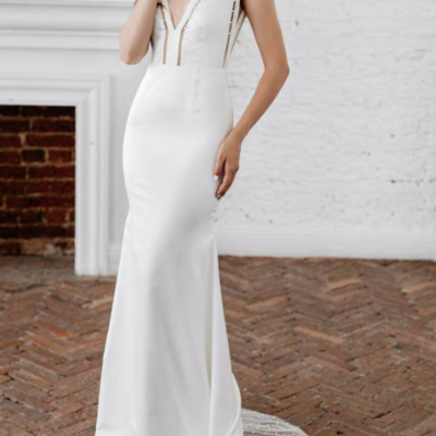 Elegant mermaid satin v neck wedding dresses with pearl beading,659 - Thumbnail 3