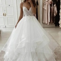 Ball Gown V Neck Spaghetti Straps White Tulle Lace Wedding Dresses,660 - Thumbnail 1