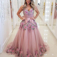 V Neck Light Fuchsia Prom Dresses with Appliques Flowers,1213 - Thumbnail 1