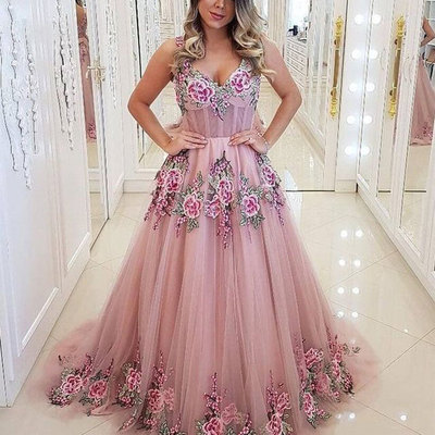 V neck light fuchsia prom dresses with appliques flowers,1213