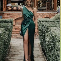 One Shoulder Slit Side Dark Green Prom Dresses,1215 - Thumbnail 2