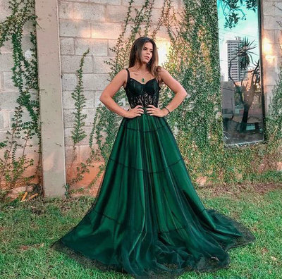 Spaghetti Straps Green Long Prom Dresses with Appliques Lace,1220