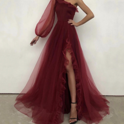 Simple one shoulder prom dress burgundy evening dress,1222