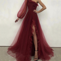 Simple One shoulder prom dress Burgundy evening dress,1222 - Thumbnail 2