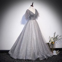 Gray tulle sequins long prom dress A line evening gown - Thumbnail 1