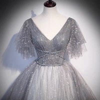 Gray tulle sequins long prom dress A line evening gown - Thumbnail 2