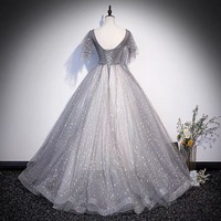 Gray tulle sequins long prom dress A line evening gown - Thumbnail 3