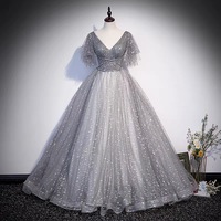 Gray tulle sequins long prom dress A line evening gown - Thumbnail 4