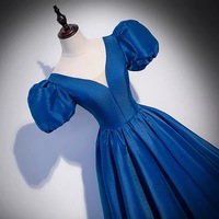 Blue saitn long prom dress A line evening gown - Thumbnail 1