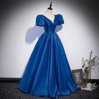 Blue saitn long prom dress A line evening gown - Thumbnail 3
