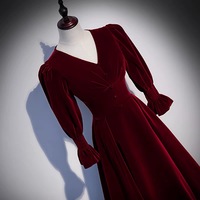 Burgundy velvet long sleeve prom dress evning dress - Thumbnail 1