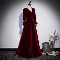 Burgundy velvet long sleeve prom dress evning dress - Thumbnail 2