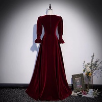 Burgundy velvet long sleeve prom dress evning dress - Thumbnail 3