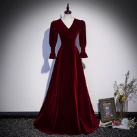 Burgundy velvet long sleeve prom dress evning dress - Thumbnail 4