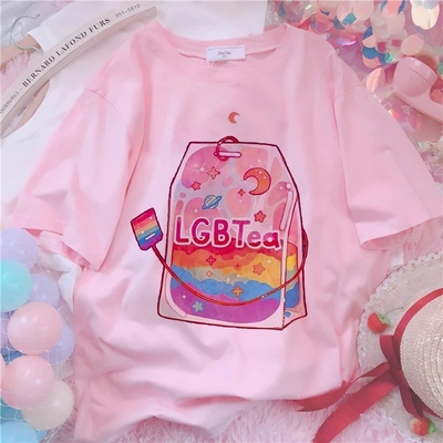 Cute lgbt rainbow pride tea drink pink graphic short sleeve t-shirt aesthetic casual e-girl kawaii korean japanese harajuku - Thumbnail 3