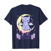 Cute Pastel Black Cat Witch Magic Moon Print Short Sleeve T-shirt Goth Punk Aesthetic Casual E-Girl Kawaii Korean Japanese Harajuku - Thumbnail 1