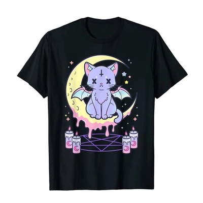 Cute Pastel Black Cat Witch Magic Moon Print Short Sleeve T-shirt Goth Punk Aesthetic Casual E-Girl Kawaii Korean Japanese Harajuku