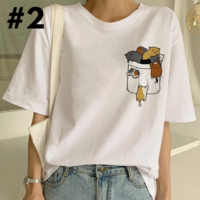 Cute Cat Starry Night Powerline Print Short Sleeve T-shirt Vintage Aesthetic Casual E-Girl Kawaii Korean Japanese Harajuku - Thumbnail 2