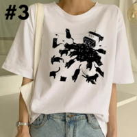 Cute Cat Starry Night Powerline Print Short Sleeve T-shirt Vintage Aesthetic Casual E-Girl Kawaii Korean Japanese Harajuku - Thumbnail 3