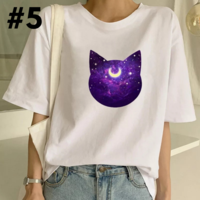 Cute Cat Starry Night Powerline Print Short Sleeve T-shirt Vintage Aesthetic Casual E-Girl Kawaii Korean Japanese Harajuku - Thumbnail 5