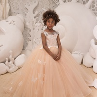 Champagne Appliques V back Butterfly Flower Girl Dresses with Train Girls Wedding Dress,661 - Thumbnail 1