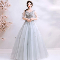 Gray tulle applique long prom dress evening gown - Thumbnail 1