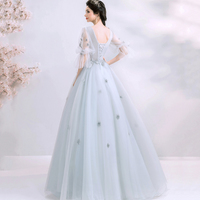 Gray tulle applique long prom dress evening gown - Thumbnail 2