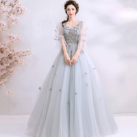 Gray tulle applique long prom dress evening gown - Thumbnail 4