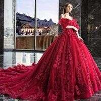 Burgundy lace long A line ball gown dress formal dress - Thumbnail 1