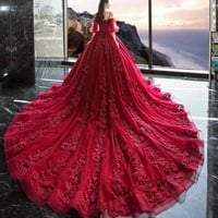 Burgundy lace long A line ball gown dress formal dress - Thumbnail 2