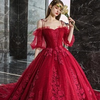 Burgundy lace long A line ball gown dress formal dress - Thumbnail 3