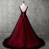 Mermaid V-Neck Black and Red Tulle Prom Dresses With Lace Appliques - Thumbnail 1