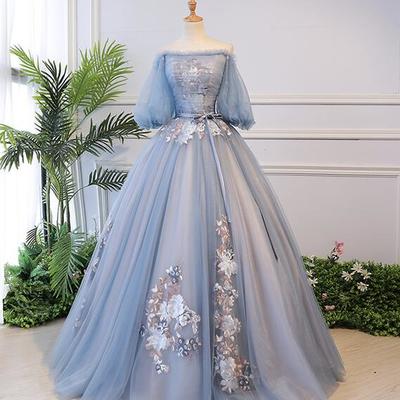 Floor length a line blue tulle ball gown dress - Thumbnail 3