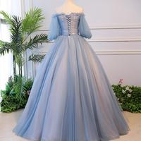 Floor Length A Line Blue Tulle Ball Gown Dress - Thumbnail 1