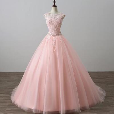 Elegent a line pink tulle lace long prom dress - Thumbnail 1