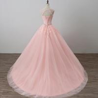 Elegent A Line Pink tulle lace long prom dress - Thumbnail 1