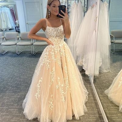 Sp1924,stylish champagne applique double straps prom dress,lace tulle evening party gown - Thumbnail 1