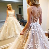 SP1924,Stylish champagne applique double straps prom dress,lace tulle evening party gown - Thumbnail 2