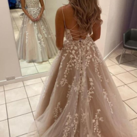 SP1924,Stylish champagne applique double straps prom dress,lace tulle evening party gown - Thumbnail 3