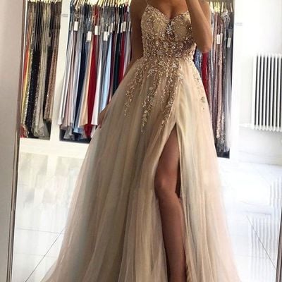 Sp1925,champagne v neck beads long prom dress champagne evening dress - Thumbnail 2