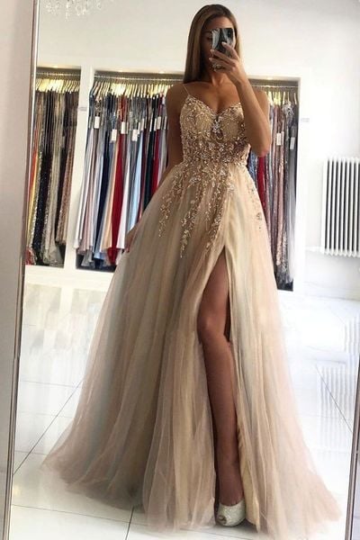 SP1925,Champagne v neck beads long prom dress champagne evening dress