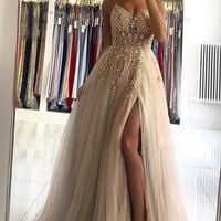 SP1925,Champagne v neck beads long prom dress champagne evening dress - Thumbnail 1